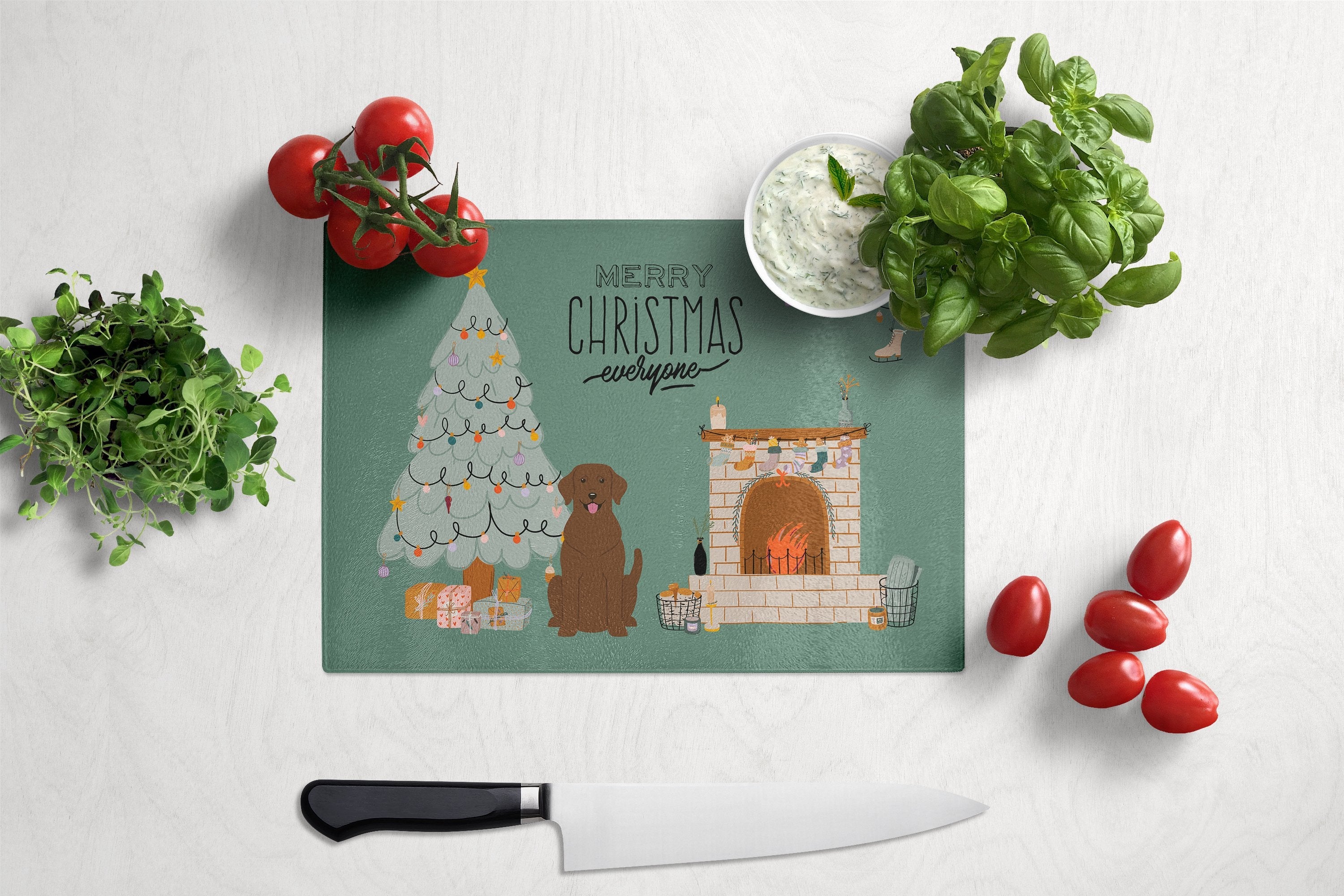 Chocolate Labrador Christmas Everyone Cutting Board Tempered Glass Kitchen Cutting Surface, Heat Resistant Chopping, Non-Slip Feet, Food Prep & Serving