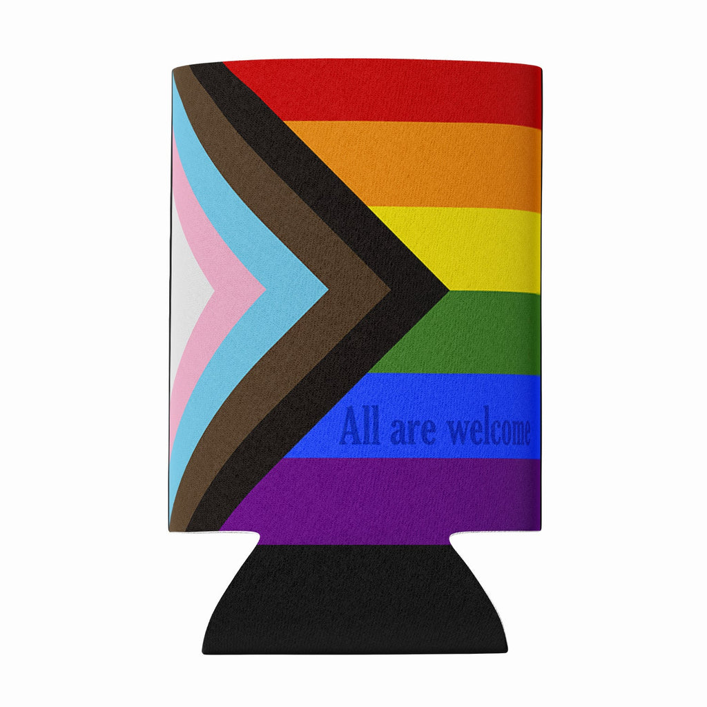 Gay Progress Pride All are Welcome Can or Bottle Hugger Cooler Sleeve for Standard 12 oz Cans, Insulated Foam Beer & Soda Can Hugger Reusable