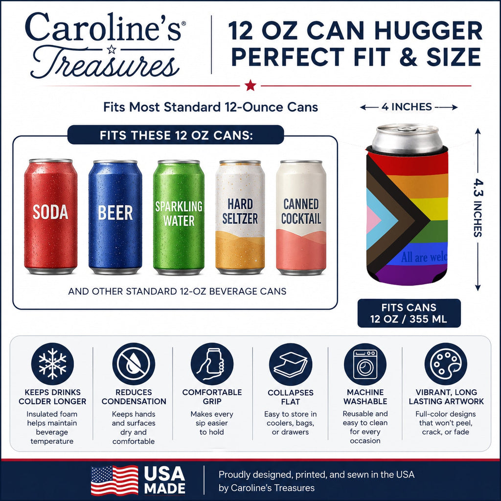 Gay Progress Pride All are Welcome Can or Bottle Hugger Cooler Sleeve for Standard 12 oz Cans, Insulated Foam Beer & Soda Can Hugger Reusable