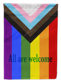 Gay Progress Pride All are Welcome House Flag 28x40 Porch Sleeve Pole Decorative Outside Yard Banner Artwork Wall Hanging, Polyester