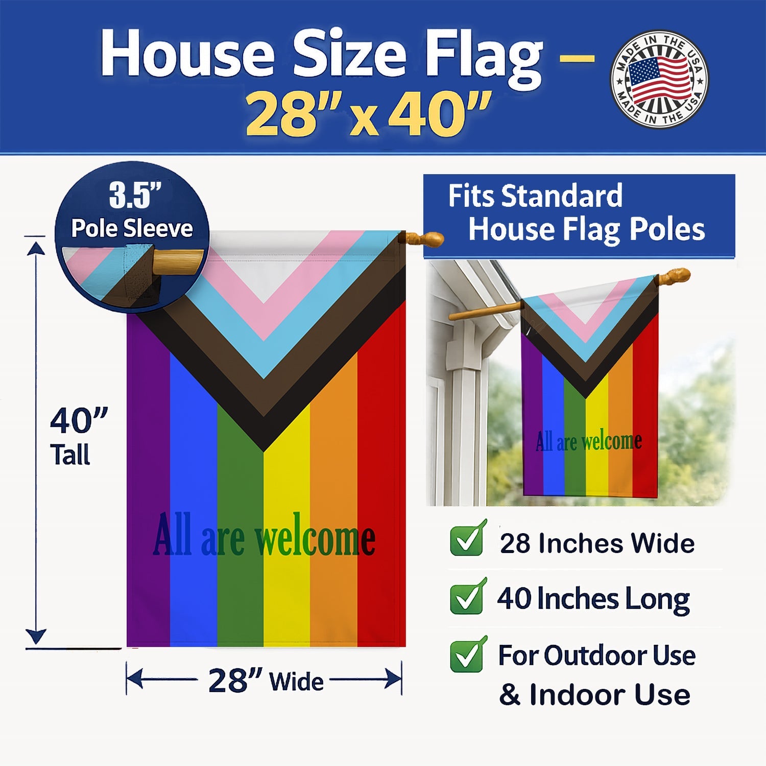 Gay Progress Pride All are Welcome House Flag 28x40 Porch Sleeve Pole Decorative Outside Yard Banner Artwork Wall Hanging, Polyester