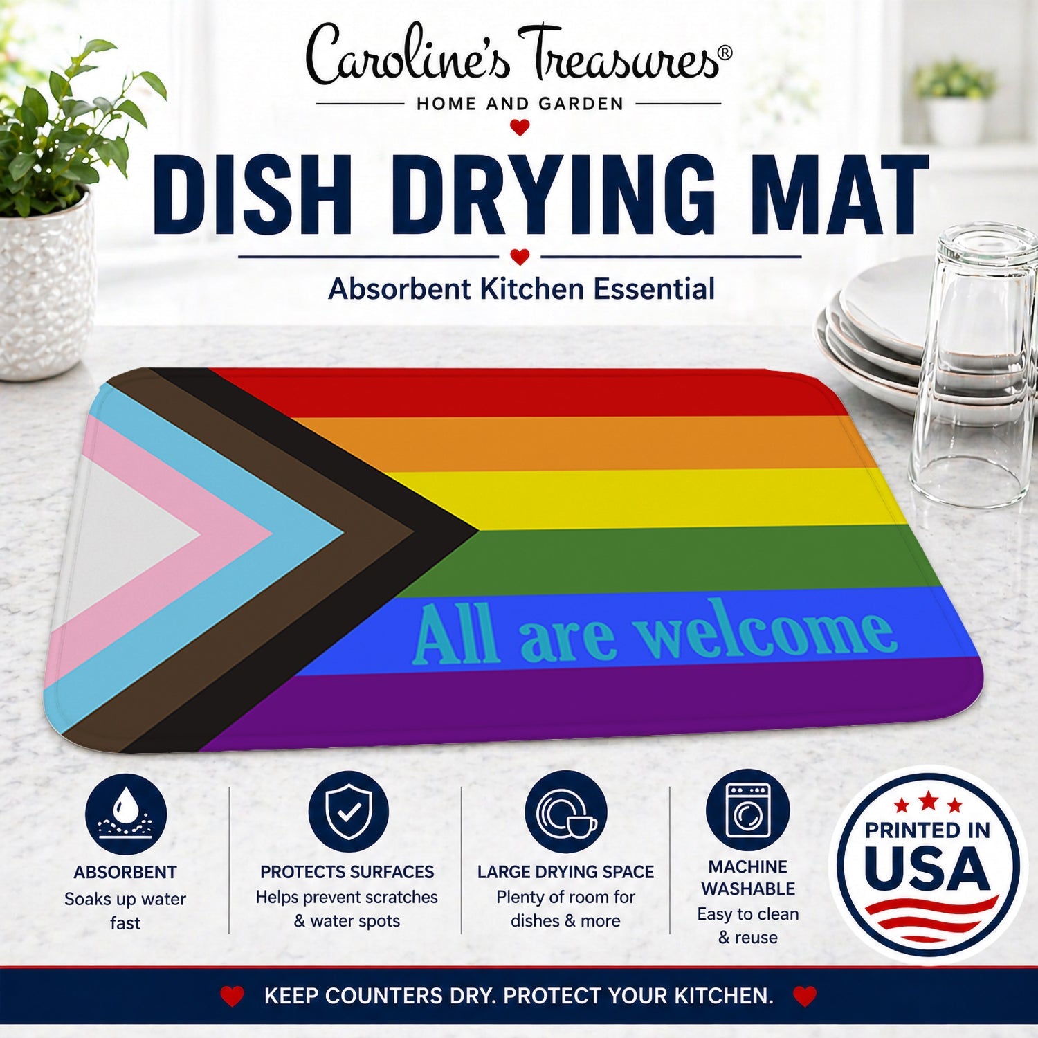 Gay Progress Pride All are Welcome Dish Drying Mat Absorbent Dish Drying Mat Pad for Kitchen Counter Dish Drainer Mat for Countertop, 14 x 21", Multicolor