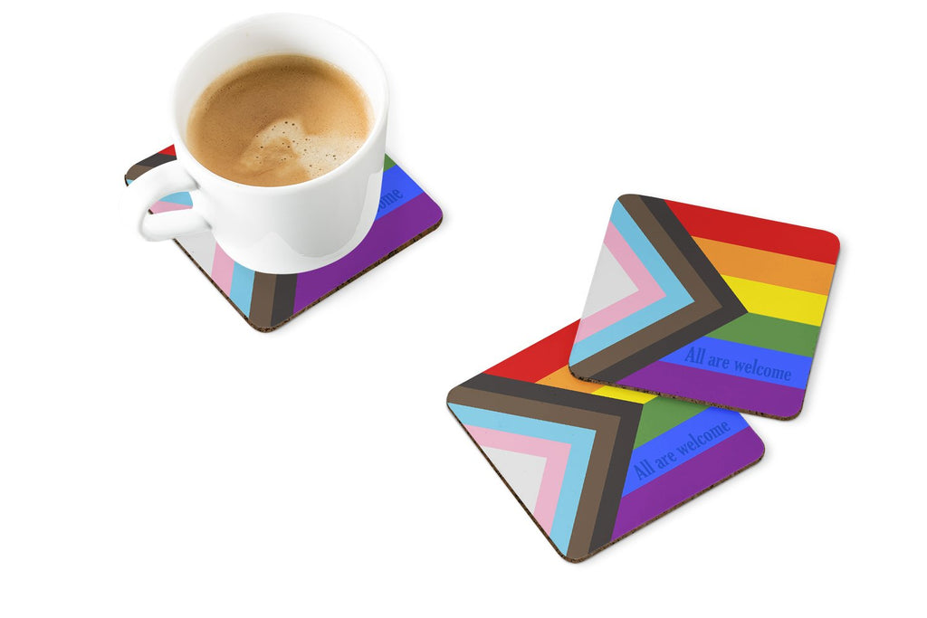 Gay Progress Pride All are Welcome Foam Coasters Set of 4 Cup Coasters for Indoor Outdoor, Tabletop Protection, Anti Slip, Mouse pad Material