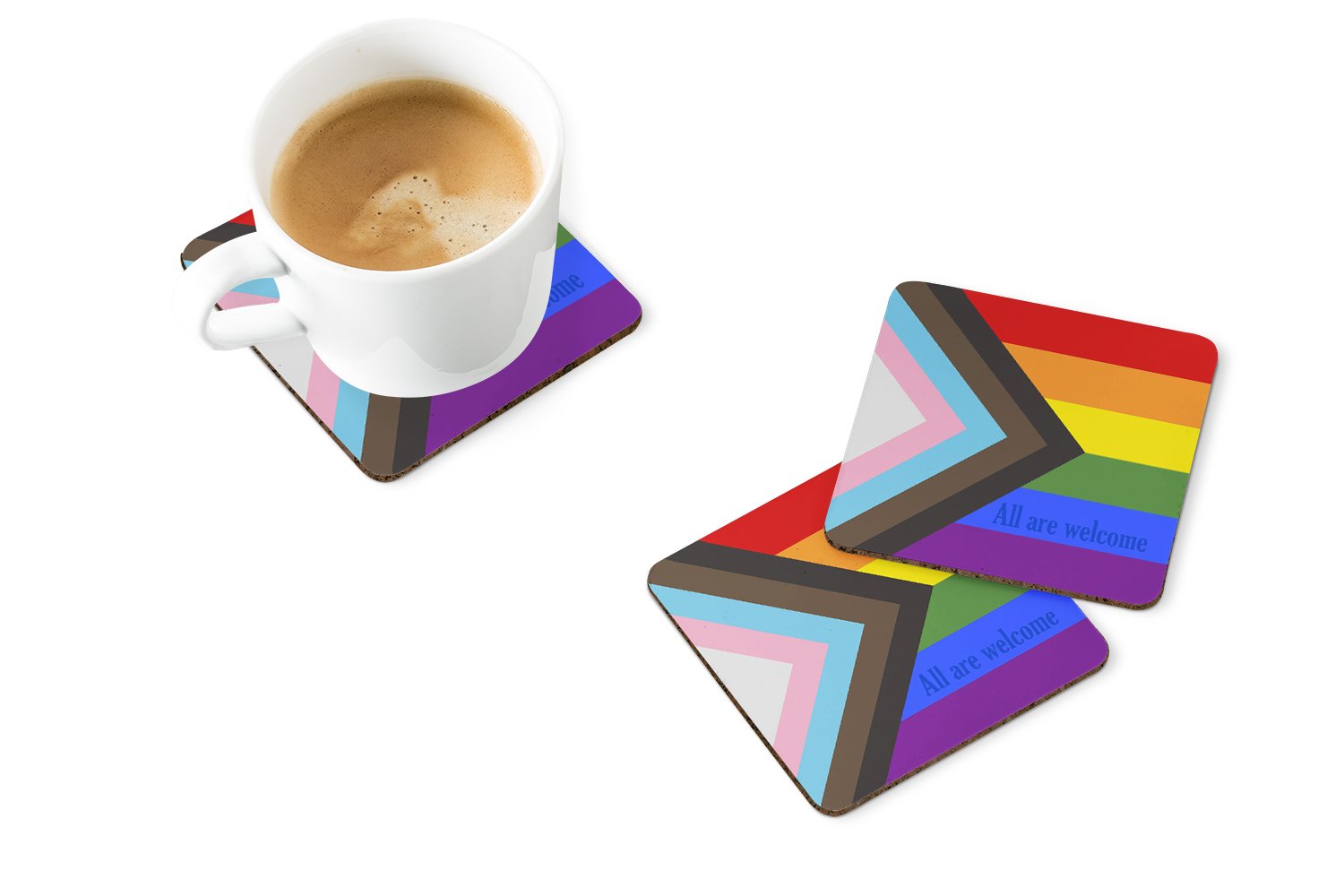 Gay Progress Pride All are Welcome Foam Coasters Set of 4 Cup Coasters for Indoor Outdoor, Tabletop Protection, Anti Slip, Mouse pad Material