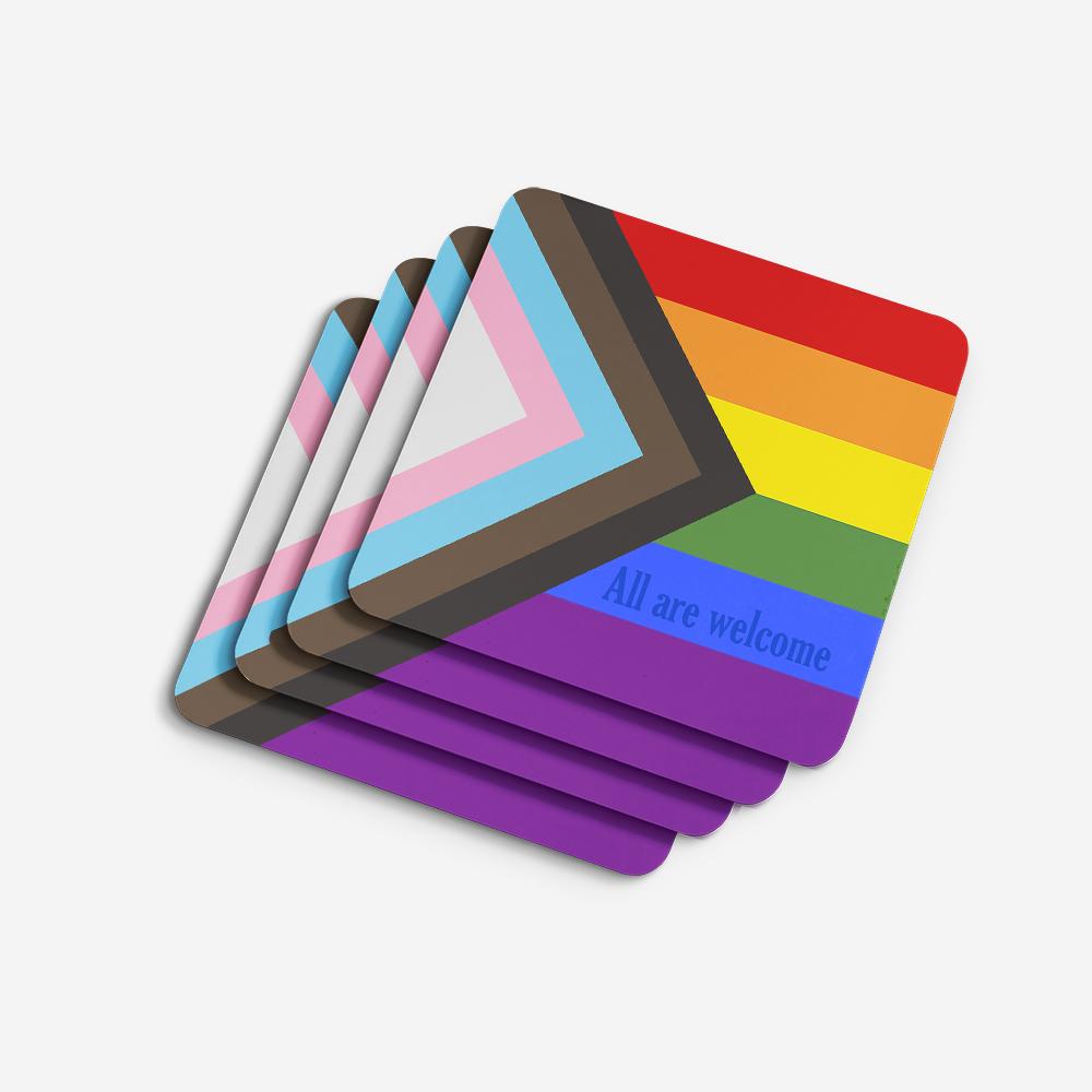Gay Progress Pride All are Welcome Foam Coasters Set of 4 Cup Coasters for Indoor Outdoor, Tabletop Protection, Anti Slip, Mouse pad Material