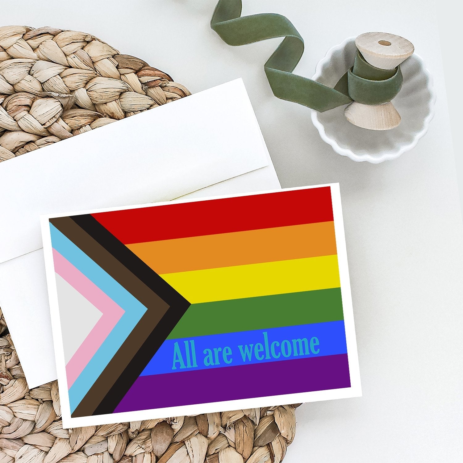 Gay Progress Pride All are Welcome Greeting Cards Pack of 8 Blank Cards with Envelopes Whimsical A7 Size 5x7