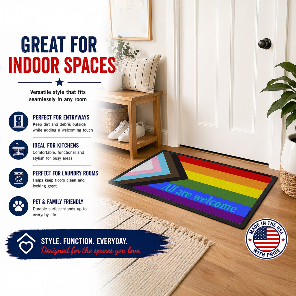 Gay Progress Pride All are Welcome Doormat Indoor Outdoor 24H X 36W Front Door Mat Rugs for Entryway, Non Slip Washable Low Pile,