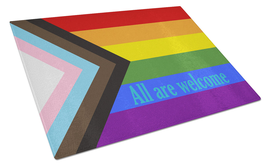 Gay Progress Pride All are Welcome Cutting Board Tempered Glass Kitchen Cutting Surface, Heat Resistant Chopping, Non-Slip Feet, Food Prep & Serving