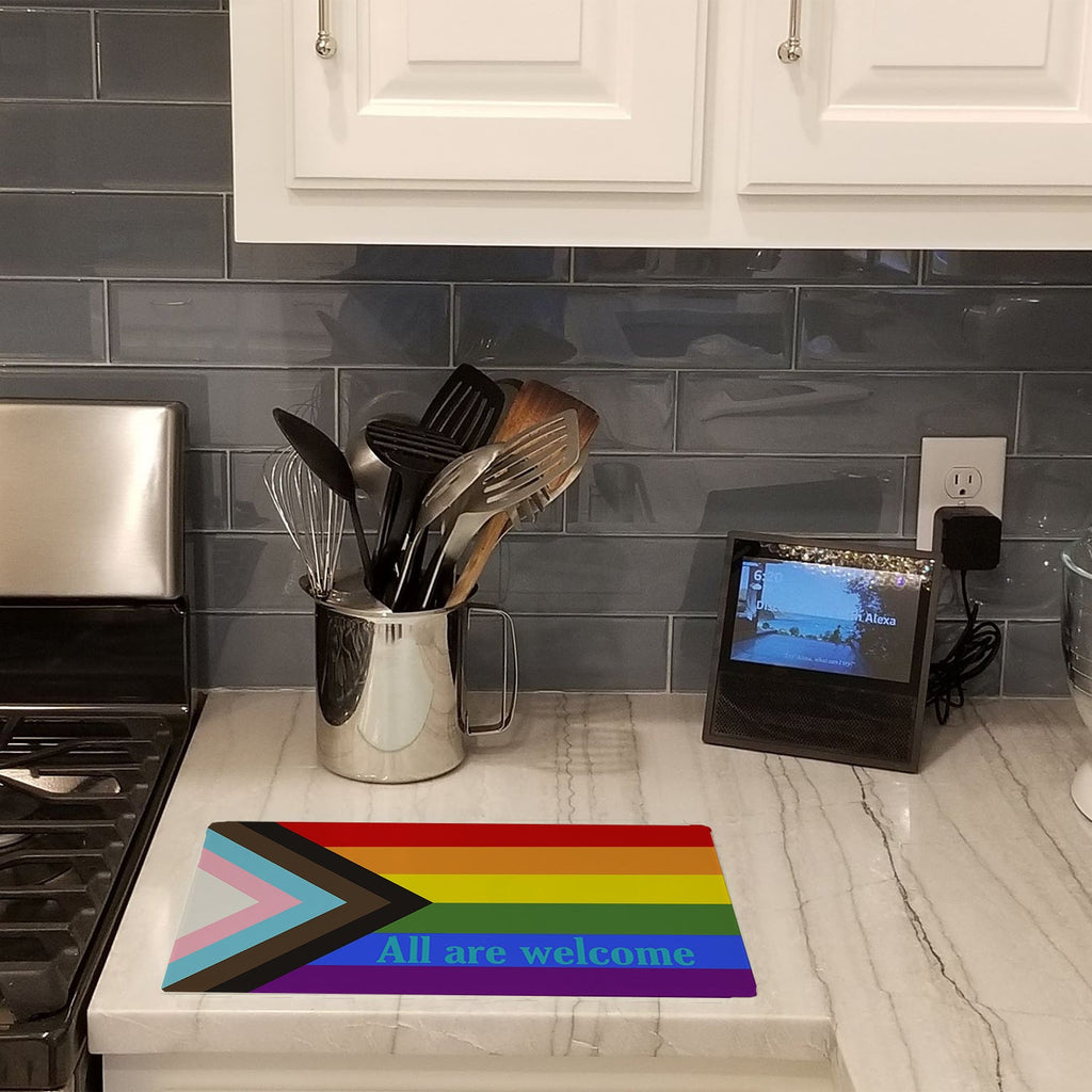 Gay Progress Pride All are Welcome Cutting Board Tempered Glass Kitchen Cutting Surface, Heat Resistant Chopping, Non-Slip Feet, Food Prep & Serving