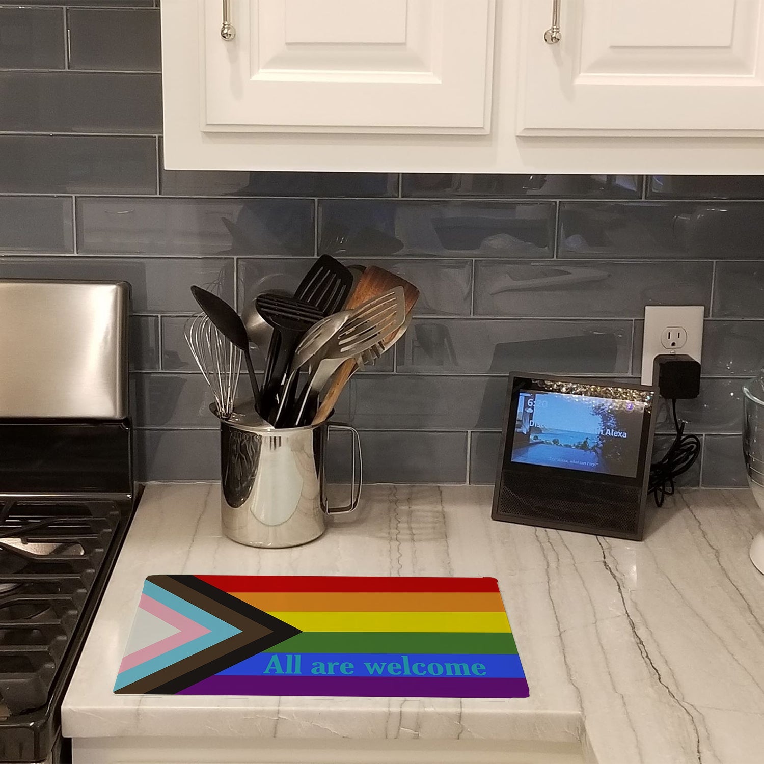 Gay Progress Pride All are Welcome Cutting Board Tempered Glass Kitchen Cutting Surface, Heat Resistant Chopping, Non-Slip Feet, Food Prep & Serving