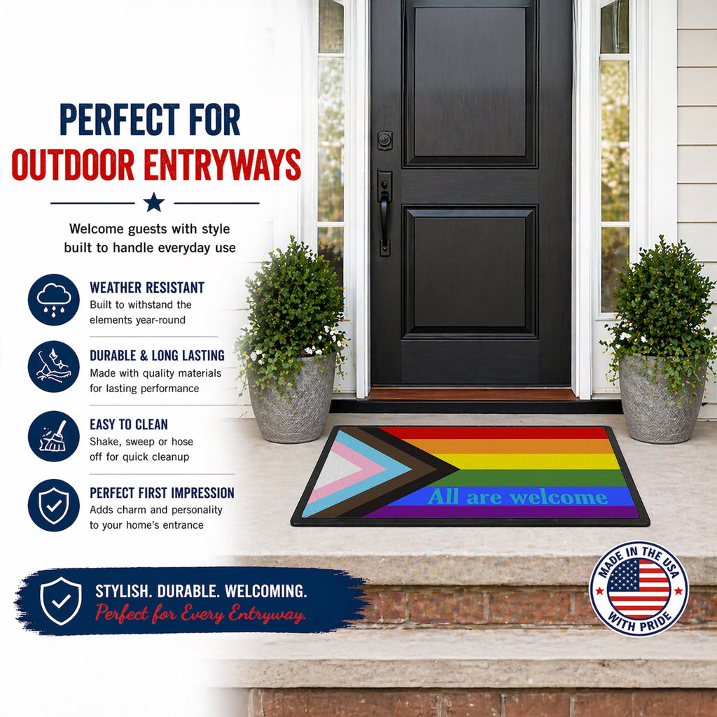Gay Progress Pride All are Welcome Doormat Indoor Outdoor 18H X 27W Front Door Mat Rugs for Entryway, Non Slip Washable