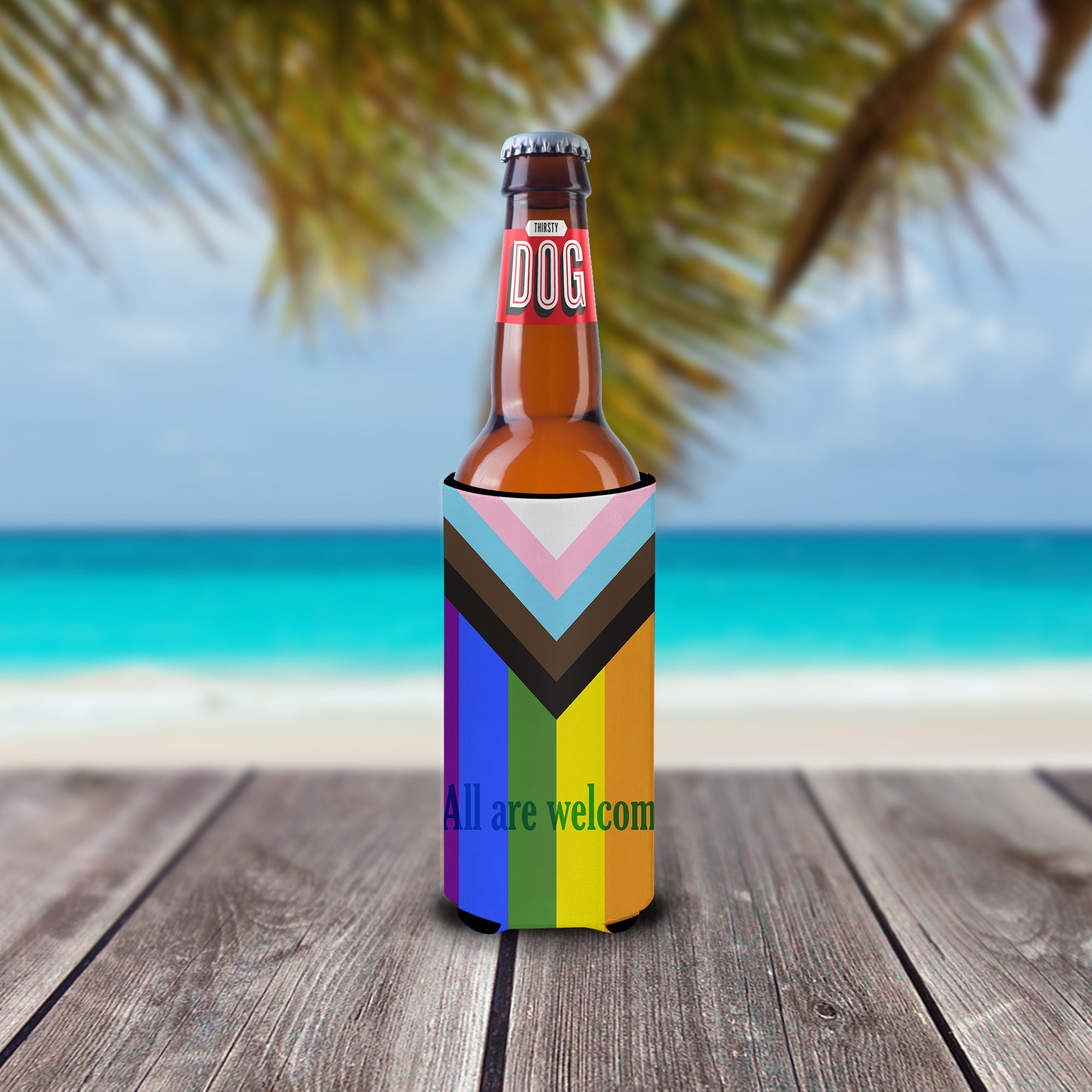Gay Progress Pride All are Welcome Slim Can Hugger , Insulated Foam Hugger for 12 oz Slim Cans, Beer Bottles & Water Bottles, Printed in USA