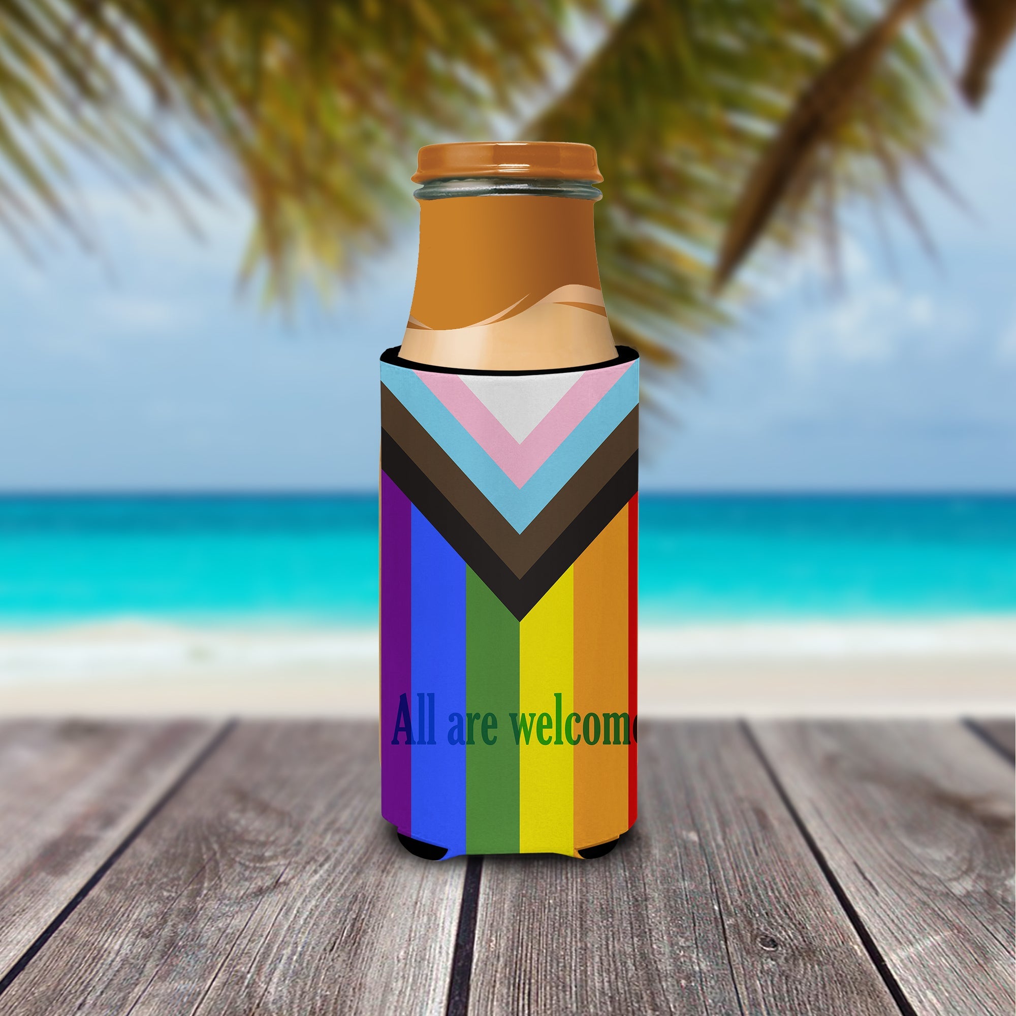 Gay Progress Pride All are Welcome Slim Can Hugger , Insulated Foam Hugger for 12 oz Slim Cans, Beer Bottles & Water Bottles, Printed in USA