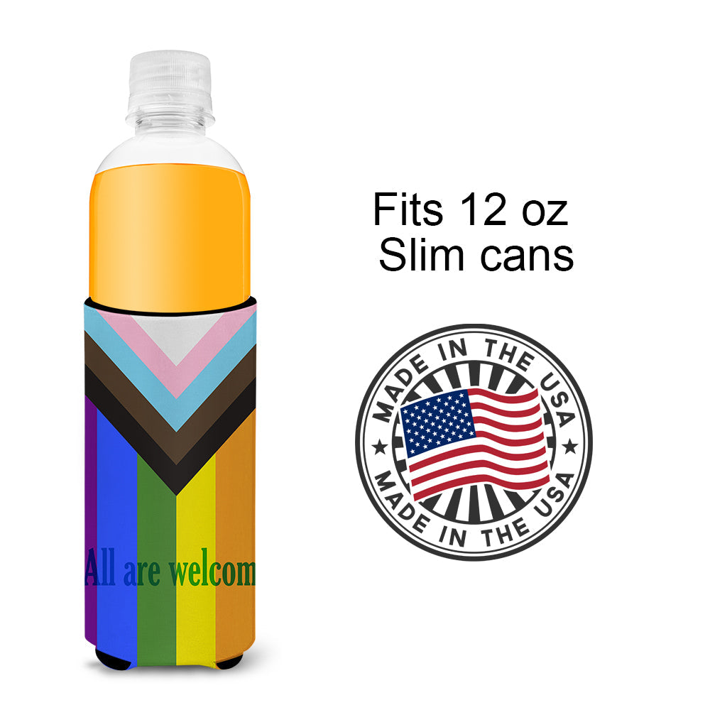 Gay Progress Pride All are Welcome Slim Can Hugger , Insulated Foam Hugger for 12 oz Slim Cans, Beer Bottles & Water Bottles, Printed in USA