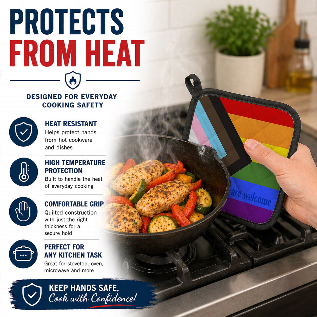 Gay Progress Pride All are Welcome Pot Holder Set of 2 Heat Resistant Quilted Hot Pads 7.5 x 7.5 Inch, Insulated Kitchen Trivets for Cooking & Baking