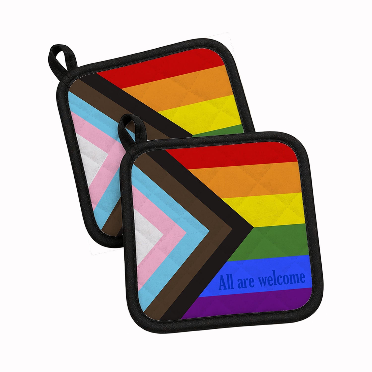 Gay Progress Pride All are Welcome Pot Holder Set of 2 Heat Resistant Quilted Hot Pads 7.5 x 7.5 Inch, Insulated Kitchen Trivets for Cooking & Baking