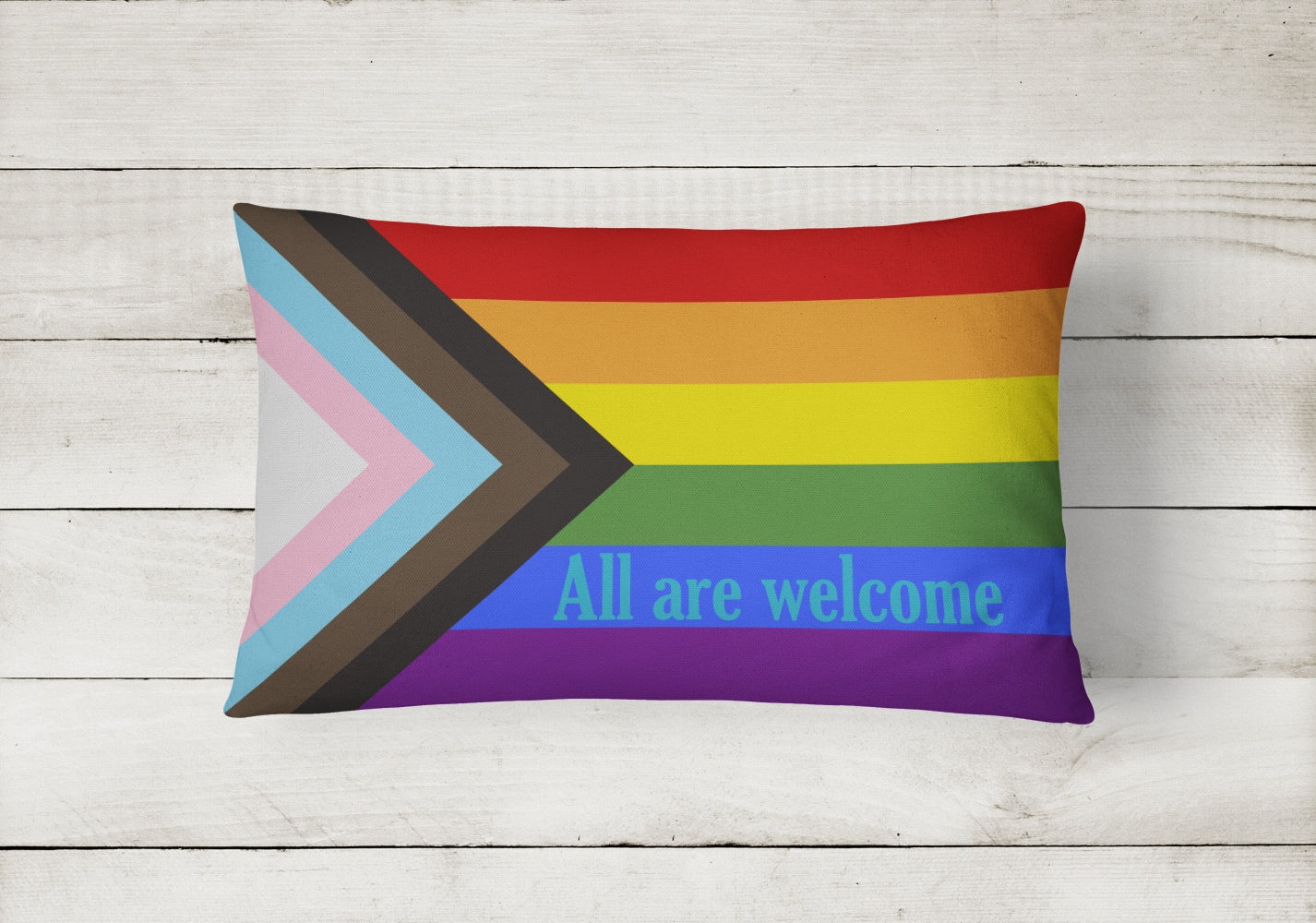 Gay Progress Pride All are Welcome Decorative Throw Pillow 12x16 Indoor Outdoor Accent Cushion, Fabric Cover with Insert for Sofa, Bed, Porch & Living Room