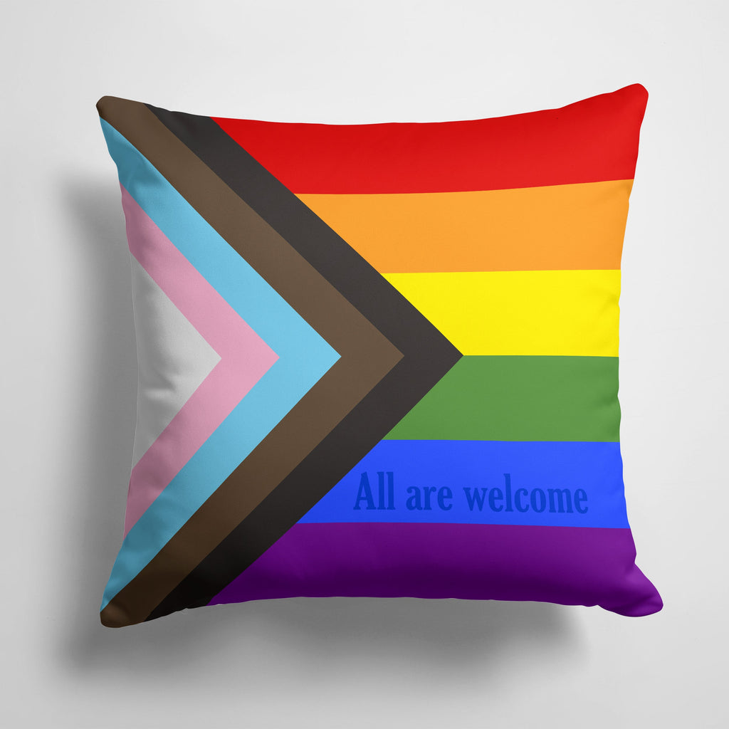 Gay Progress Pride All are Welcome Decorative Throw Pillow 14x14 Indoor Outdoor Accent Cushion, Fabric Cover with Insert for Sofa, Bed, Porch & Living Room