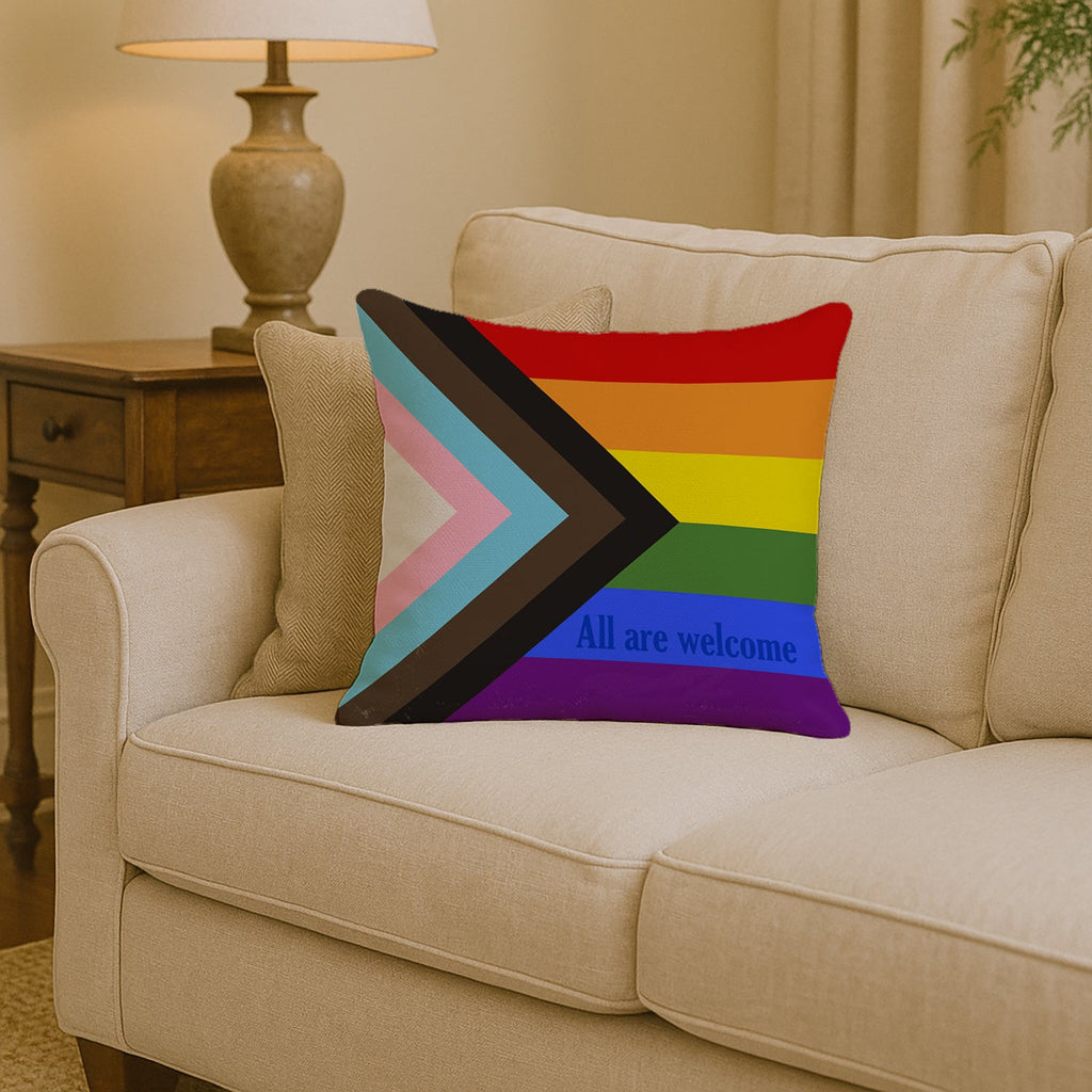 Gay Progress Pride All are Welcome Decorative Throw Pillow 14x14 Indoor Outdoor Accent Cushion, Fabric Cover with Insert for Sofa, Bed, Porch & Living Room