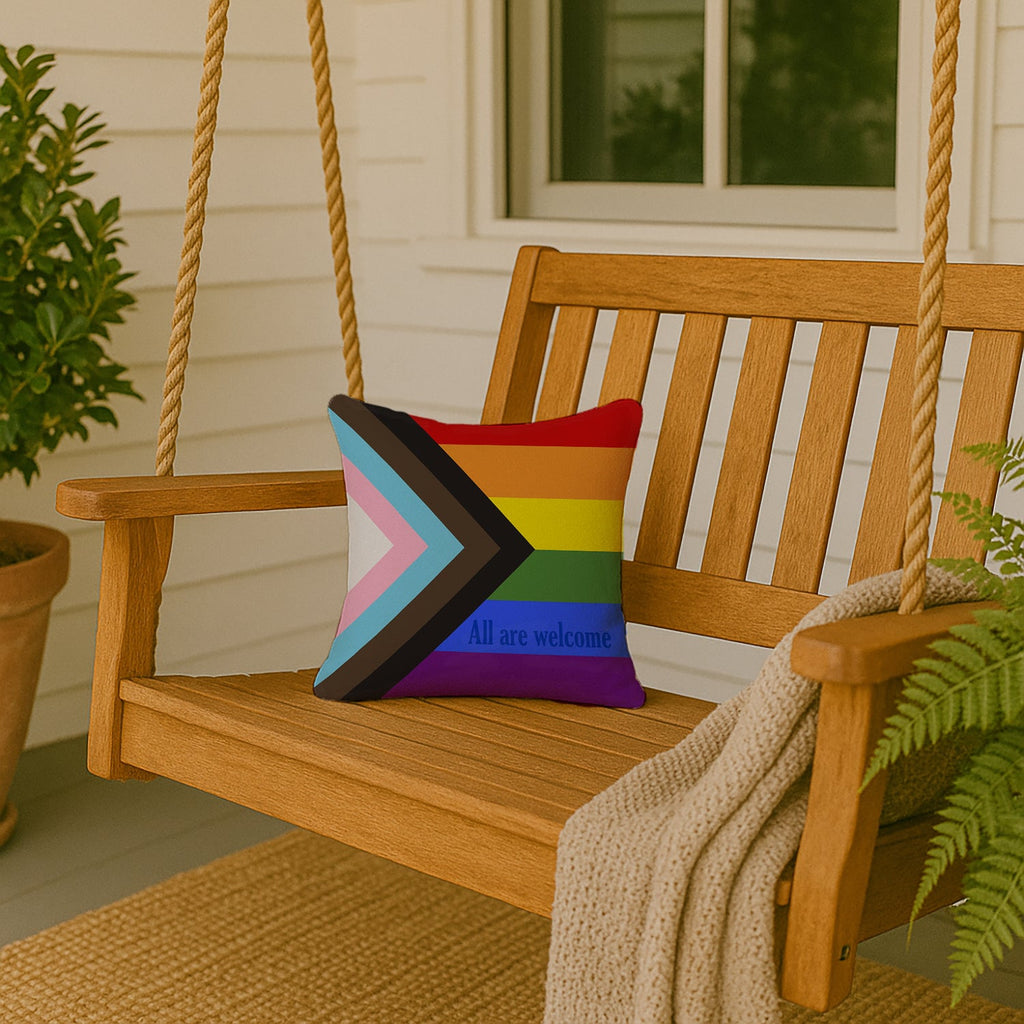 Gay Progress Pride All are Welcome Decorative Throw Pillow 14x14 Indoor Outdoor Accent Cushion, Fabric Cover with Insert for Sofa, Bed, Porch & Living Room