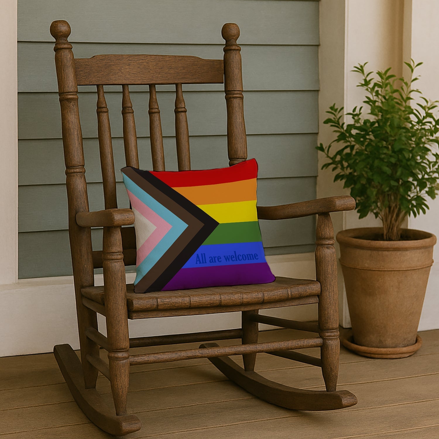 Gay Progress Pride All are Welcome Decorative Throw Pillow 14x14 Indoor Outdoor Accent Cushion, Fabric Cover with Insert for Sofa, Bed, Porch & Living Room