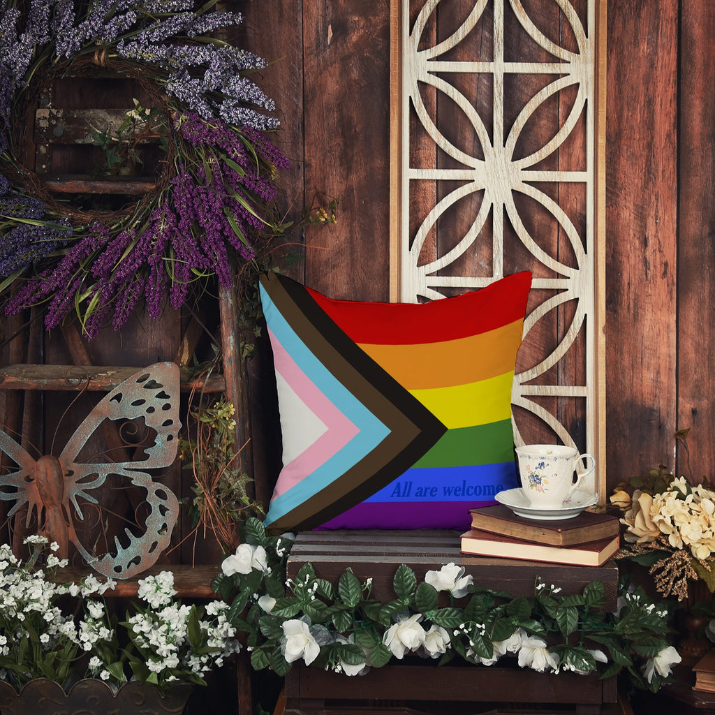 Gay Progress Pride All are Welcome Decorative Throw Pillow 14x14 Indoor Outdoor Accent Cushion, Fabric Cover with Insert for Sofa, Bed, Porch & Living Room