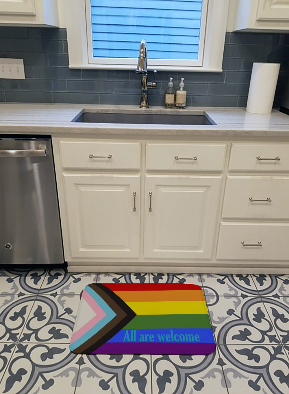 Gay Progress Pride All are Welcome Memory Foam Kitchen Mat Machine Washable Anti-Fatigue Cushion Comfort Bath or Kitchen Rug