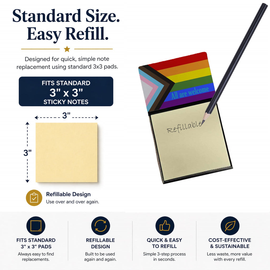 Gay Progress Pride All are Welcome Watercolor Sticky Note Holder Refillable Dispenser Desk Accessory 3x3 Pad Gift