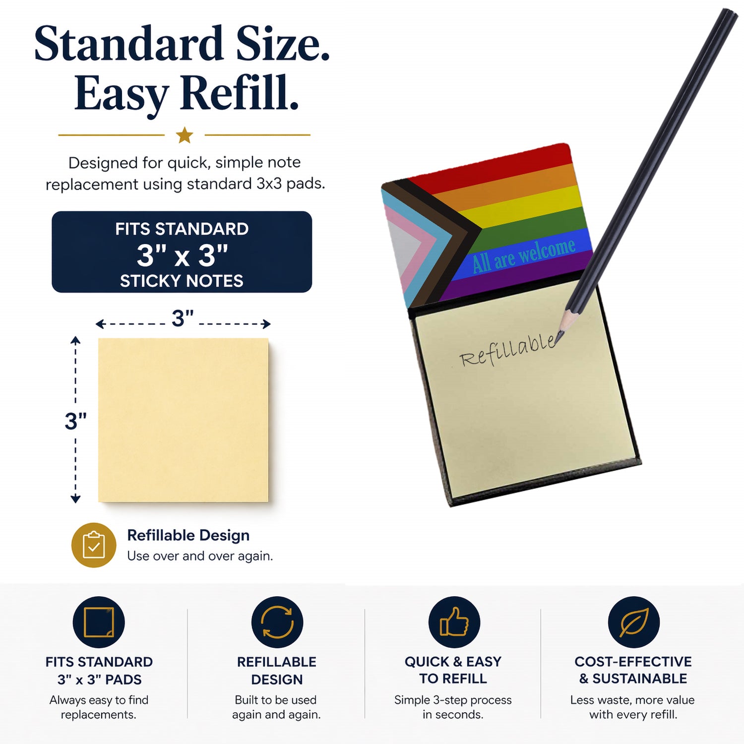 Gay Progress Pride All are Welcome Watercolor Sticky Note Holder Refillable Dispenser Desk Accessory 3x3 Pad Gift