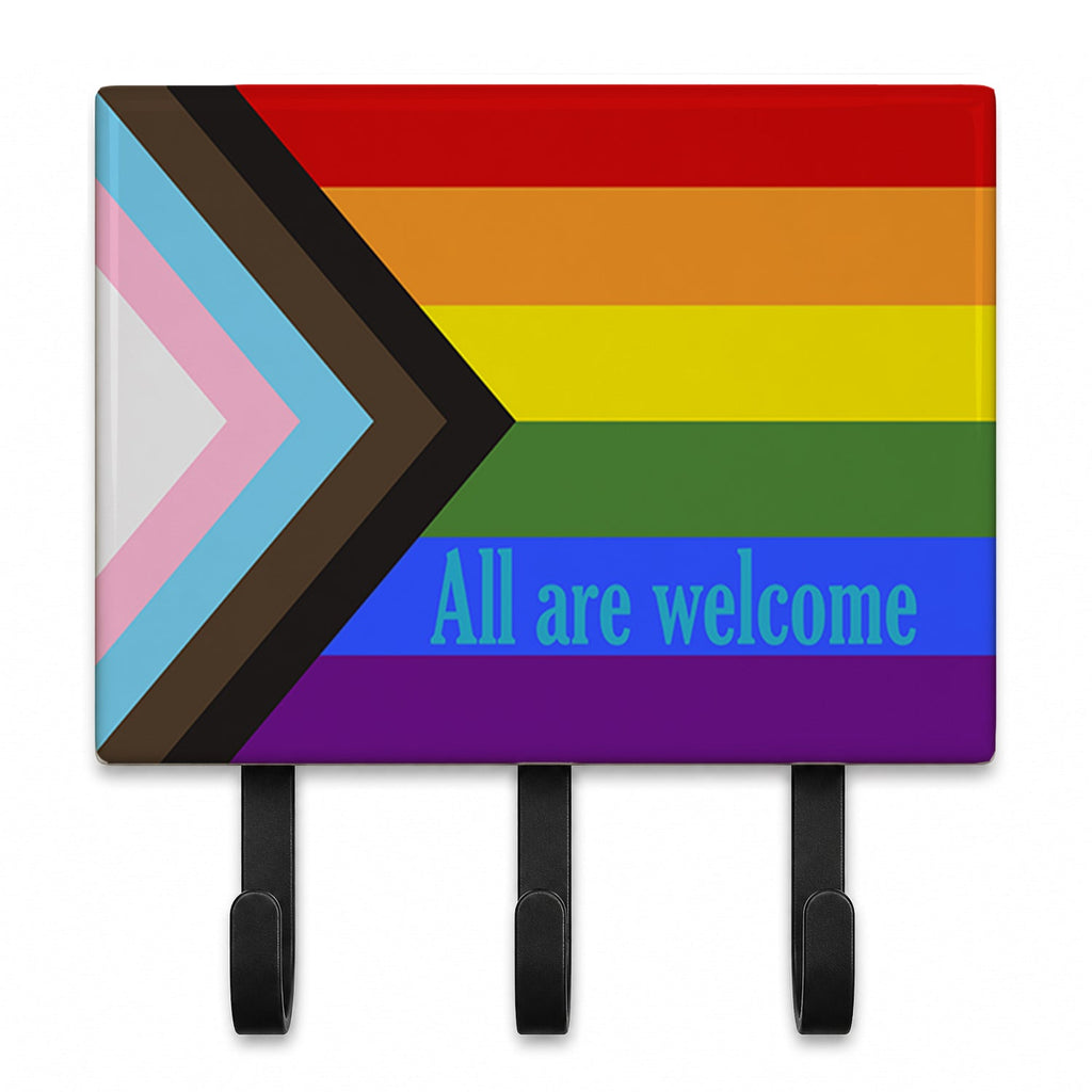 Gay Progress Pride All are Welcome Leash or Key Holder Wall Hooks, Coat Rack Wall Mount, for Hanging Keys, Towels, Aprons, Leashes
