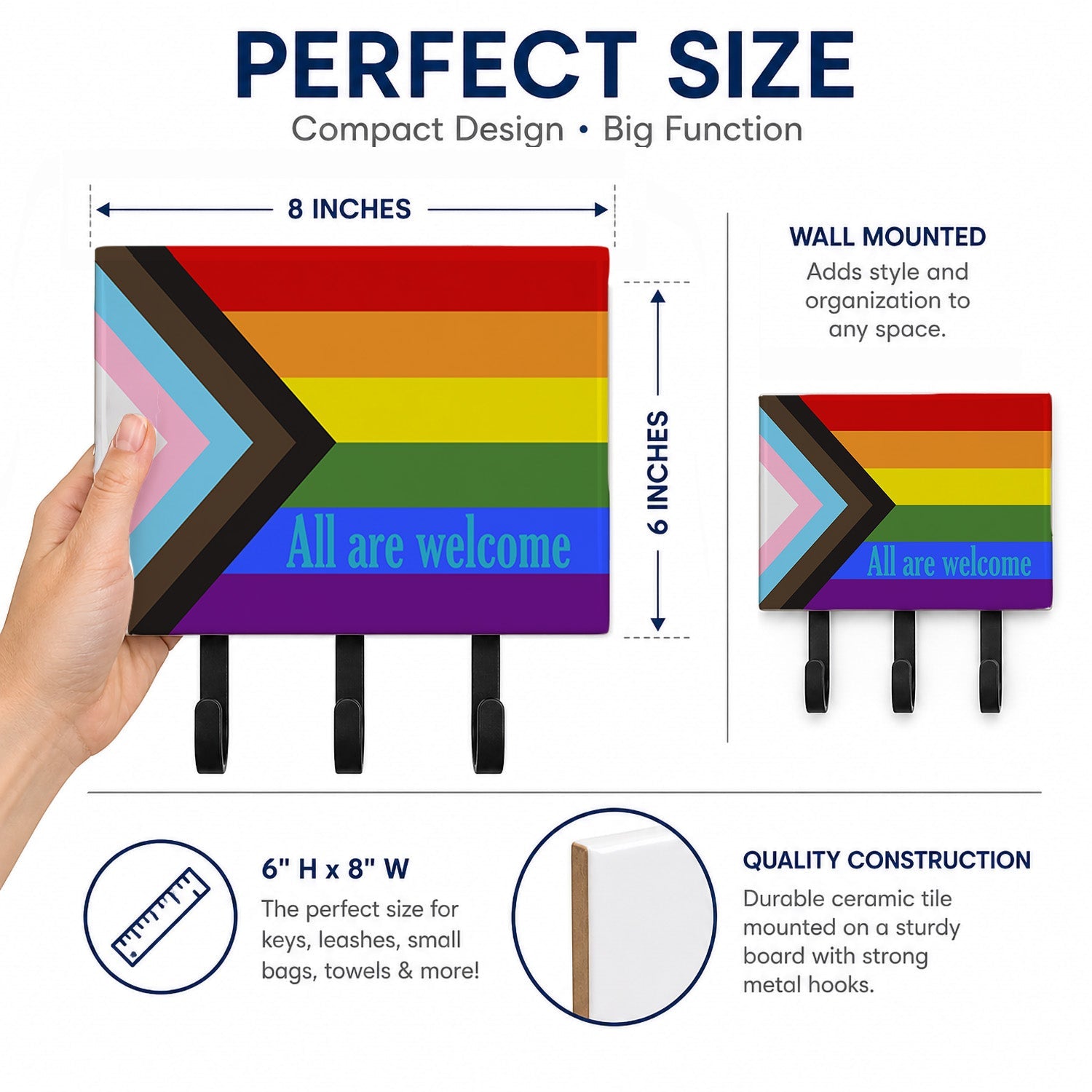 Gay Progress Pride All are Welcome Leash or Key Holder Wall Hooks, Coat Rack Wall Mount, for Hanging Keys, Towels, Aprons, Leashes