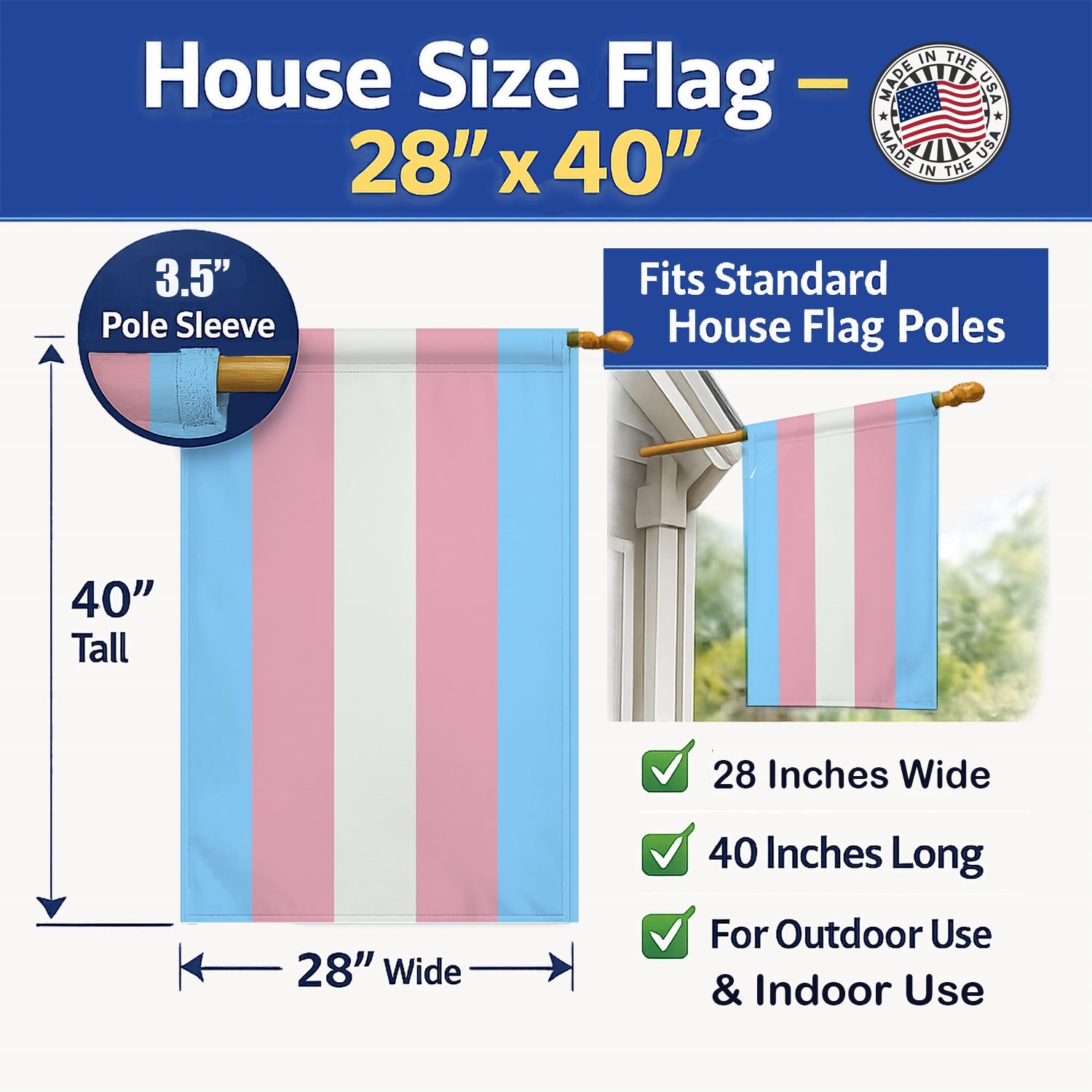 Transgender Pride House Flag 28x40 Porch Sleeve Pole Decorative Outside Yard Banner Artwork Wall Hanging, Polyester