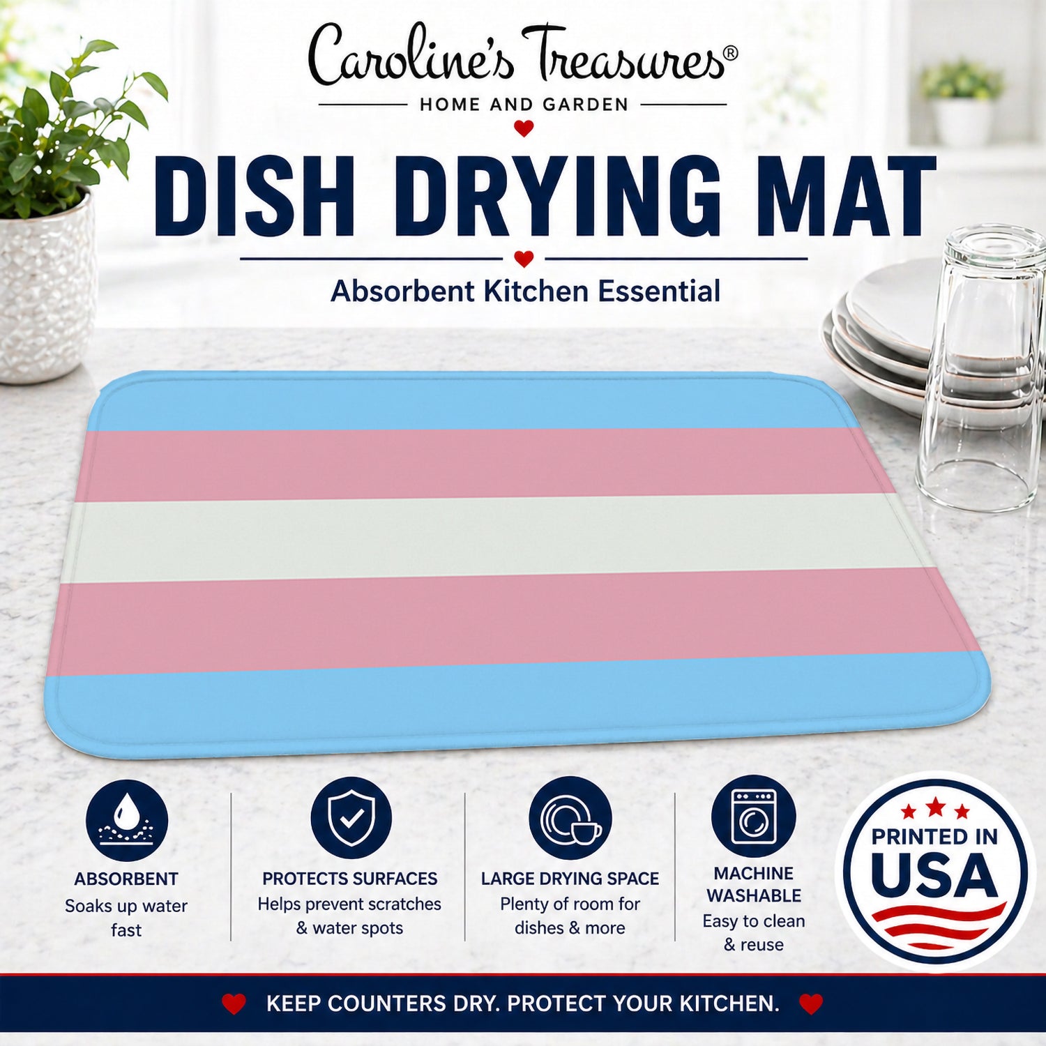 Transgender Pride Dish Drying Mat Absorbent Dish Drying Mat Pad for Kitchen Counter Dish Drainer Mat for Countertop, 14 x 21", Multicolor