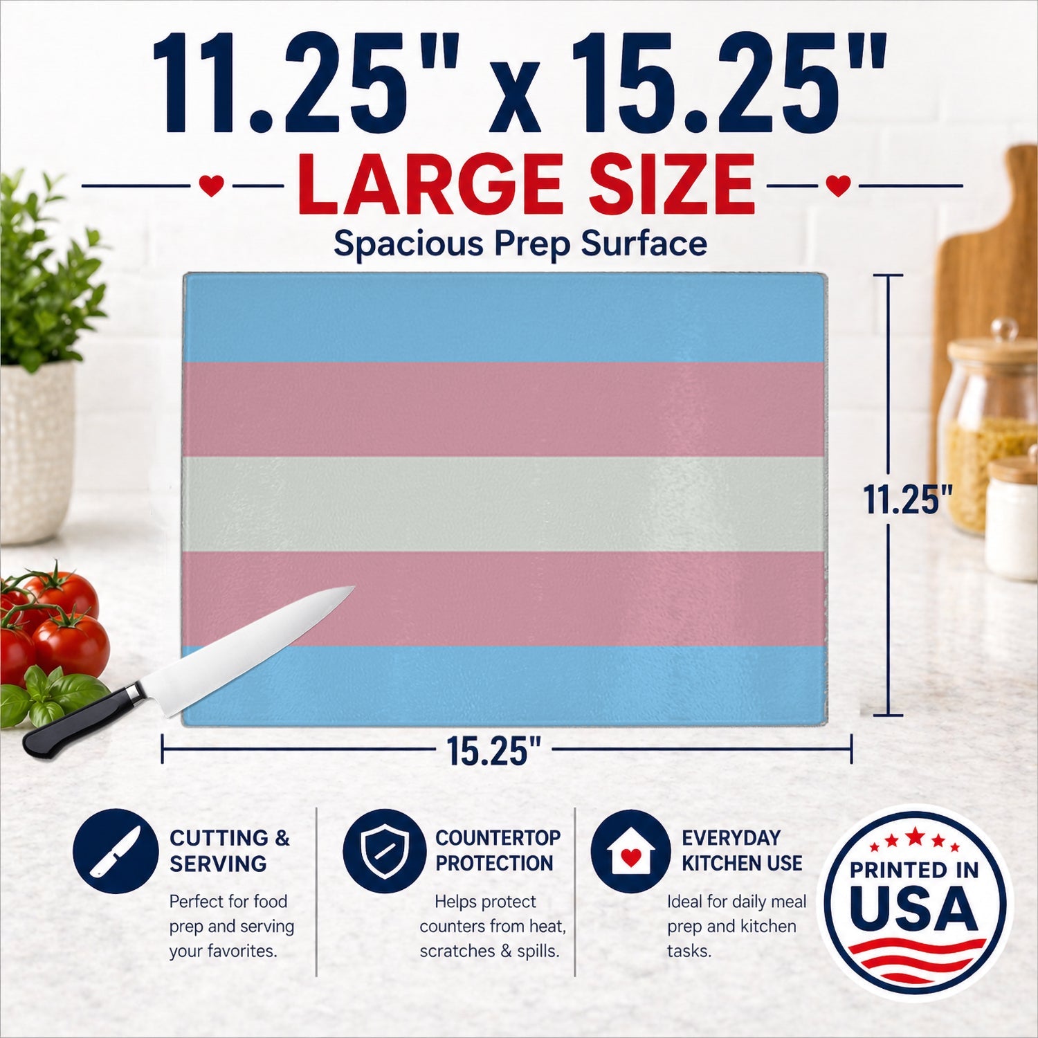 Transgender Pride Cutting Board Tempered Glass Kitchen Cutting Surface, Heat Resistant Chopping, Non-Slip Feet, Food Prep & Serving