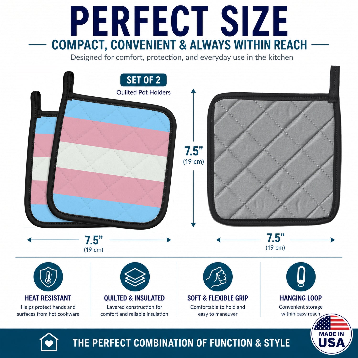 Transgender Pride Pot Holder Set of 2 Heat Resistant Quilted Hot Pads 7.5 x 7.5 Inch, Insulated Kitchen Trivets for Cooking & Baking