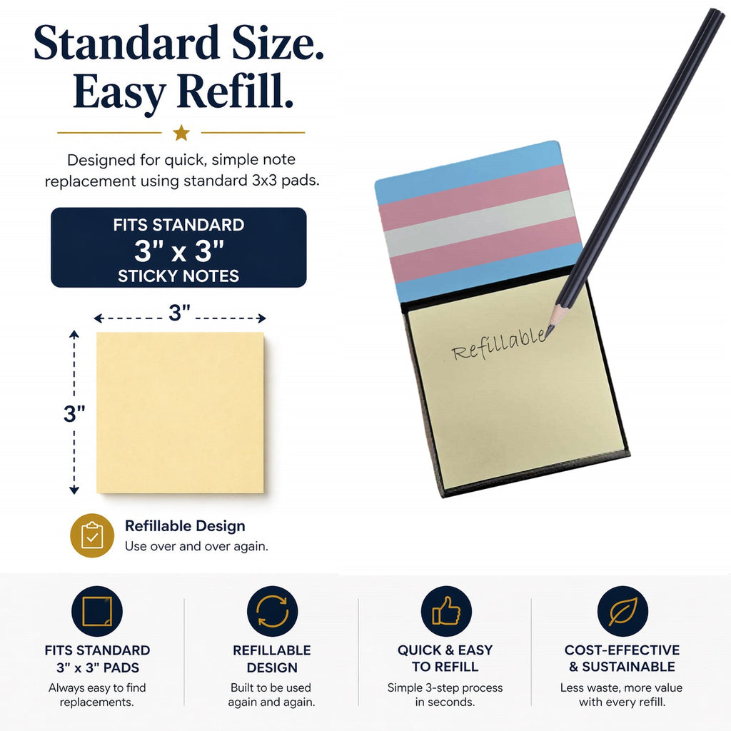 Transgender Pride Watercolor Sticky Note Holder Refillable Dispenser Desk Accessory 3x3 Pad Gift