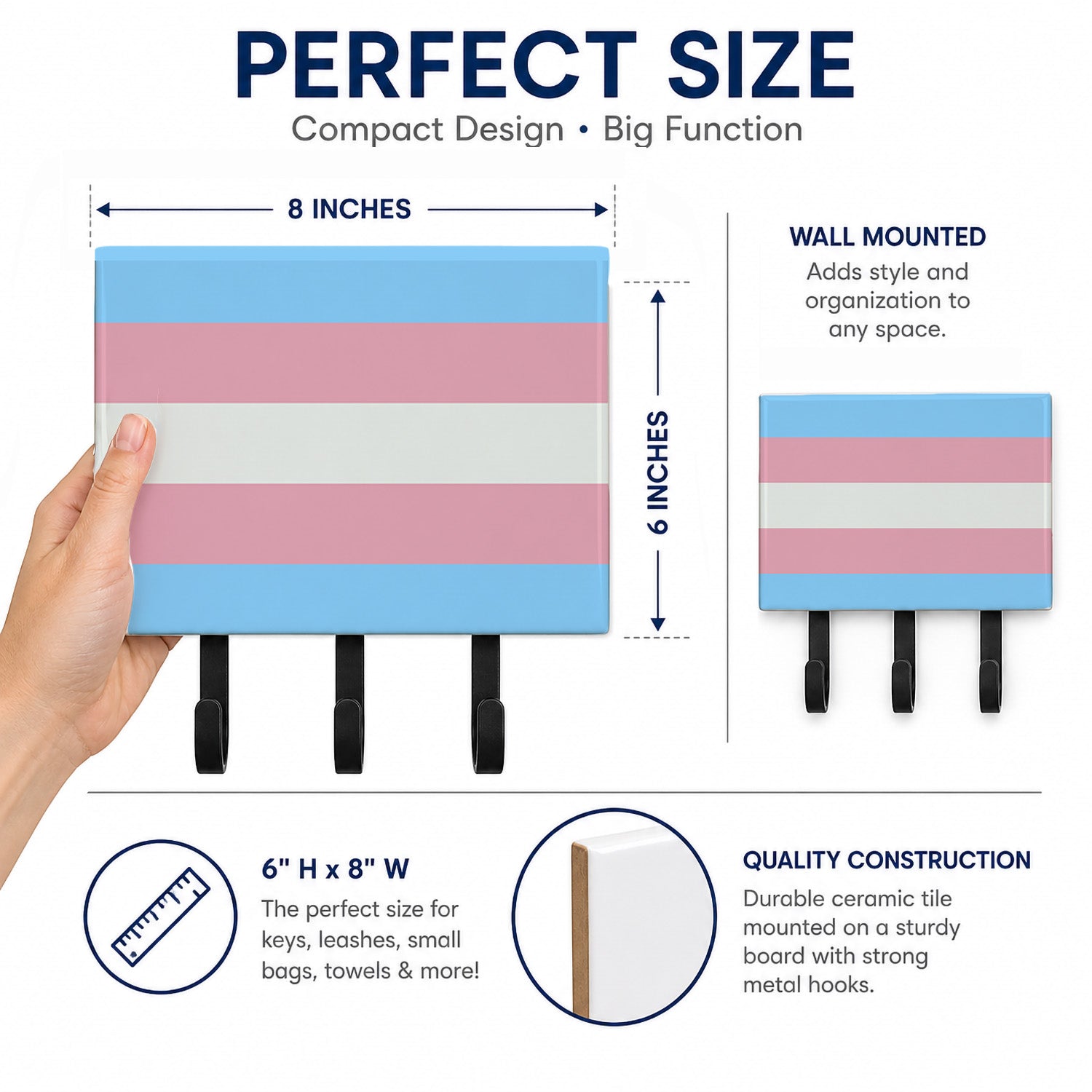 Transgender Pride Leash or Key Holder Wall Hooks, Coat Rack Wall Mount, for Hanging Keys, Towels, Aprons, Leashes