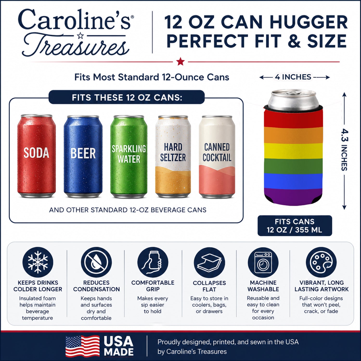 Gay Pride Can or Bottle Hugger Cooler Sleeve for Standard 12 oz Cans, Insulated Foam Beer & Soda Can Hugger Reusable