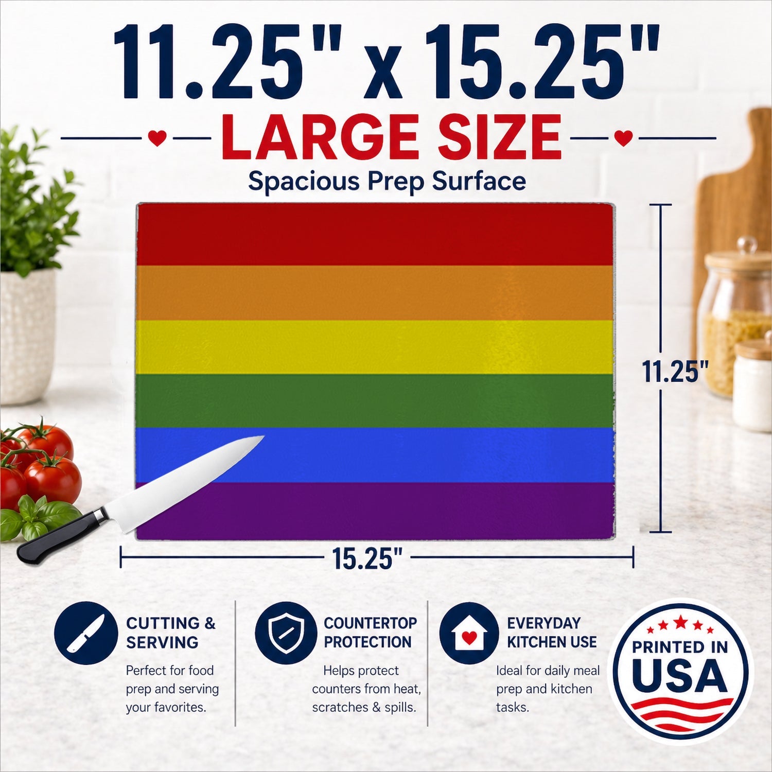 Gay Pride Cutting Board Tempered Glass Kitchen Cutting Surface, Heat Resistant Chopping, Non-Slip Feet, Food Prep & Serving