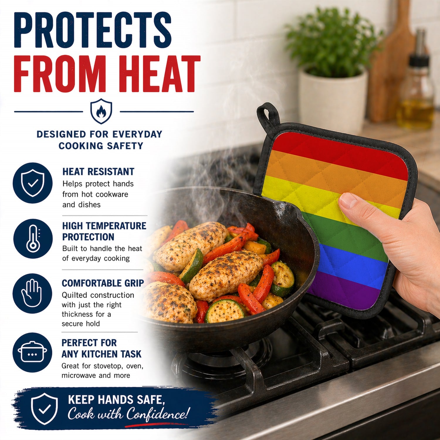 Gay Pride Pot Holder Set of 2 Heat Resistant Quilted Hot Pads 7.5 x 7.5 Inch, Insulated Kitchen Trivets for Cooking & Baking