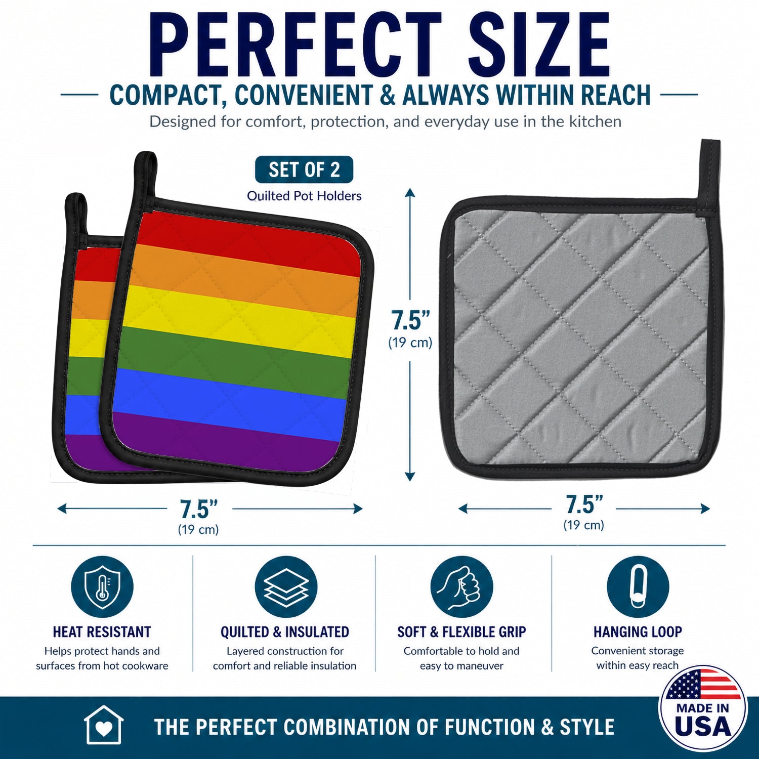 Gay Pride Pot Holder Set of 2 Heat Resistant Quilted Hot Pads 7.5 x 7.5 Inch, Insulated Kitchen Trivets for Cooking & Baking