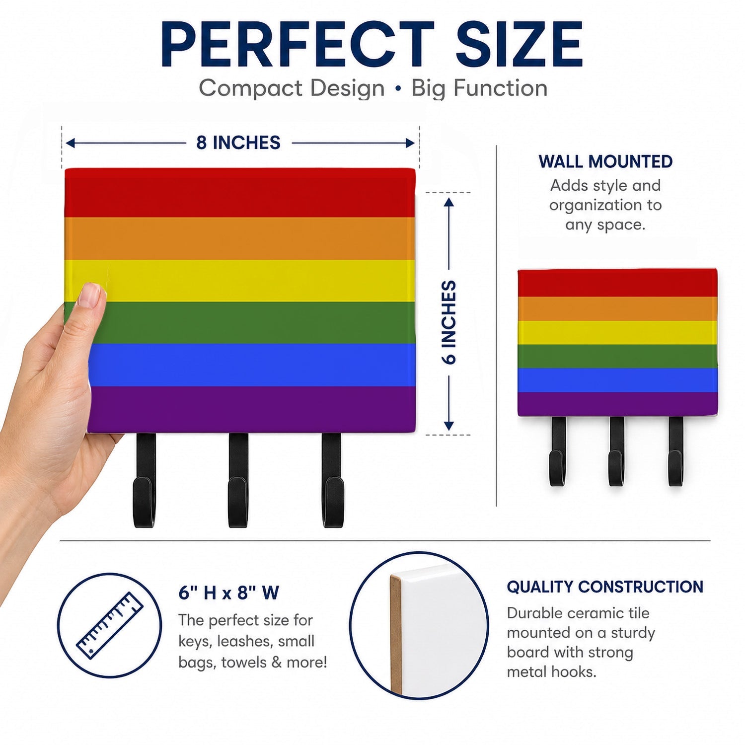 Gay Pride Leash or Key Holder Wall Hooks, Coat Rack Wall Mount, for Hanging Keys, Towels, Aprons, Leashes