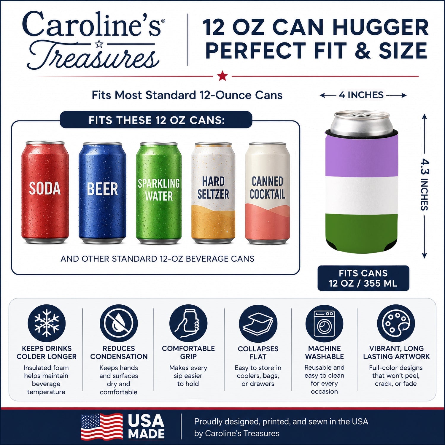 Genderqueer Pride Can or Bottle Hugger Cooler Sleeve for Standard 12 oz Cans, Insulated Foam Beer & Soda Can Hugger Reusable