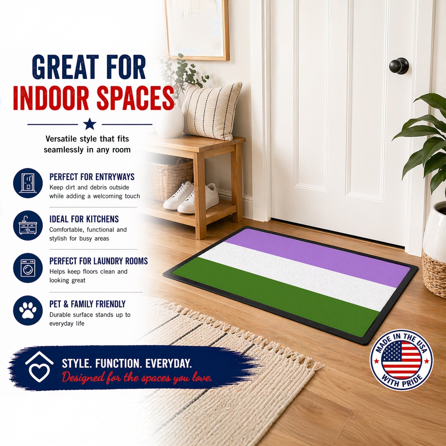 Genderqueer Pride Doormat Indoor Outdoor 24H X 36W Front Door Mat Rugs for Entryway, Non Slip Washable Low Pile,