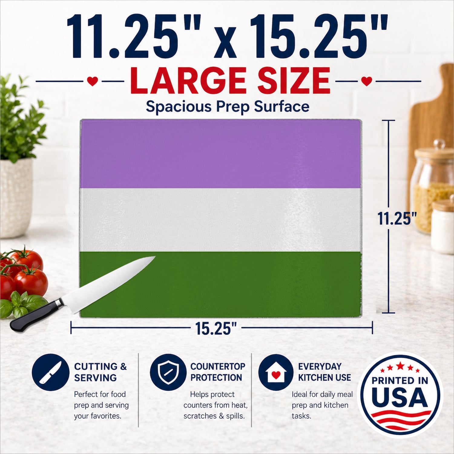 Genderqueer Pride Cutting Board Tempered Glass Kitchen Cutting Surface, Heat Resistant Chopping, Non-Slip Feet, Food Prep & Serving