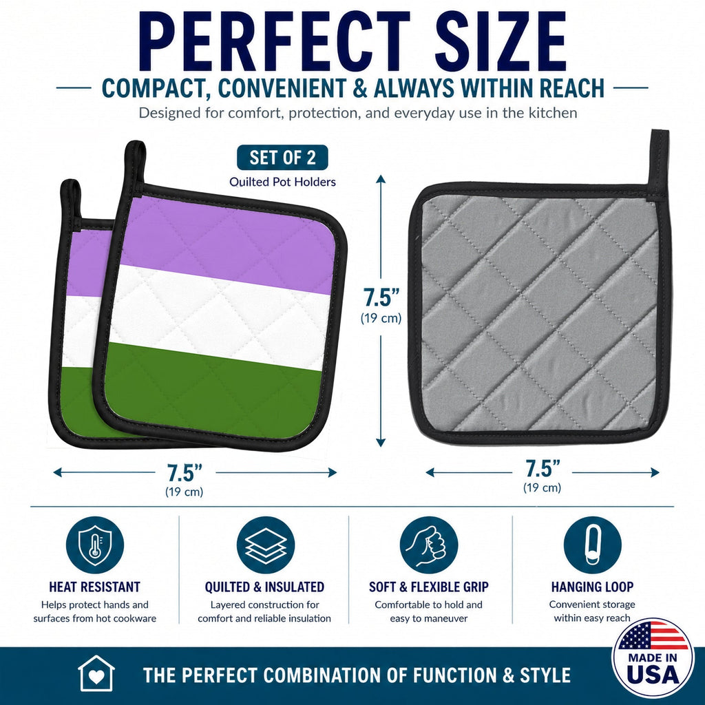 Genderqueer Pride Pot Holder Set of 2 Heat Resistant Quilted Hot Pads 7.5 x 7.5 Inch, Insulated Kitchen Trivets for Cooking & Baking