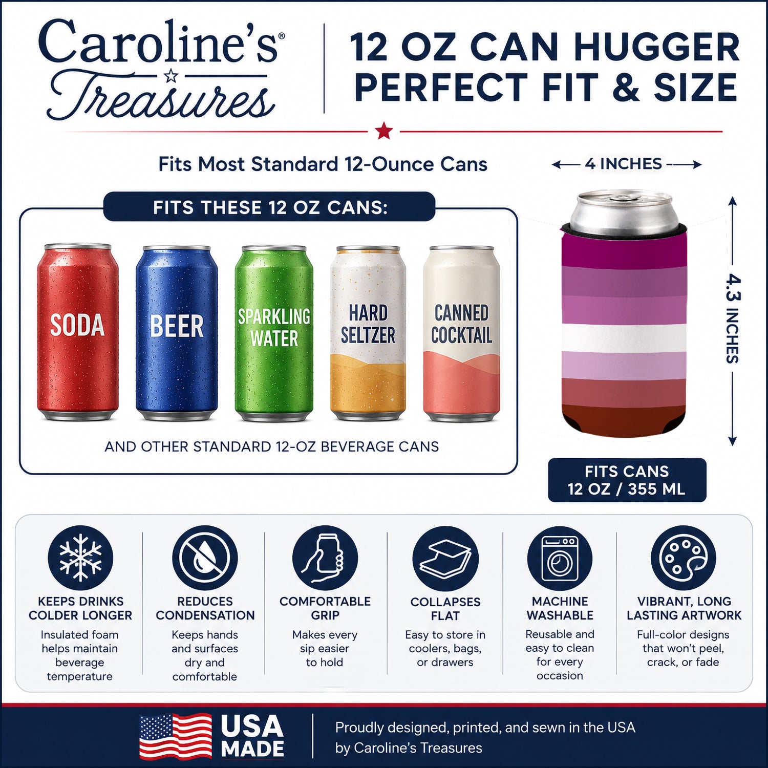 Lesbian Pride Can or Bottle Hugger Cooler Sleeve for Standard 12 oz Cans, Insulated Foam Beer & Soda Can Hugger Reusable