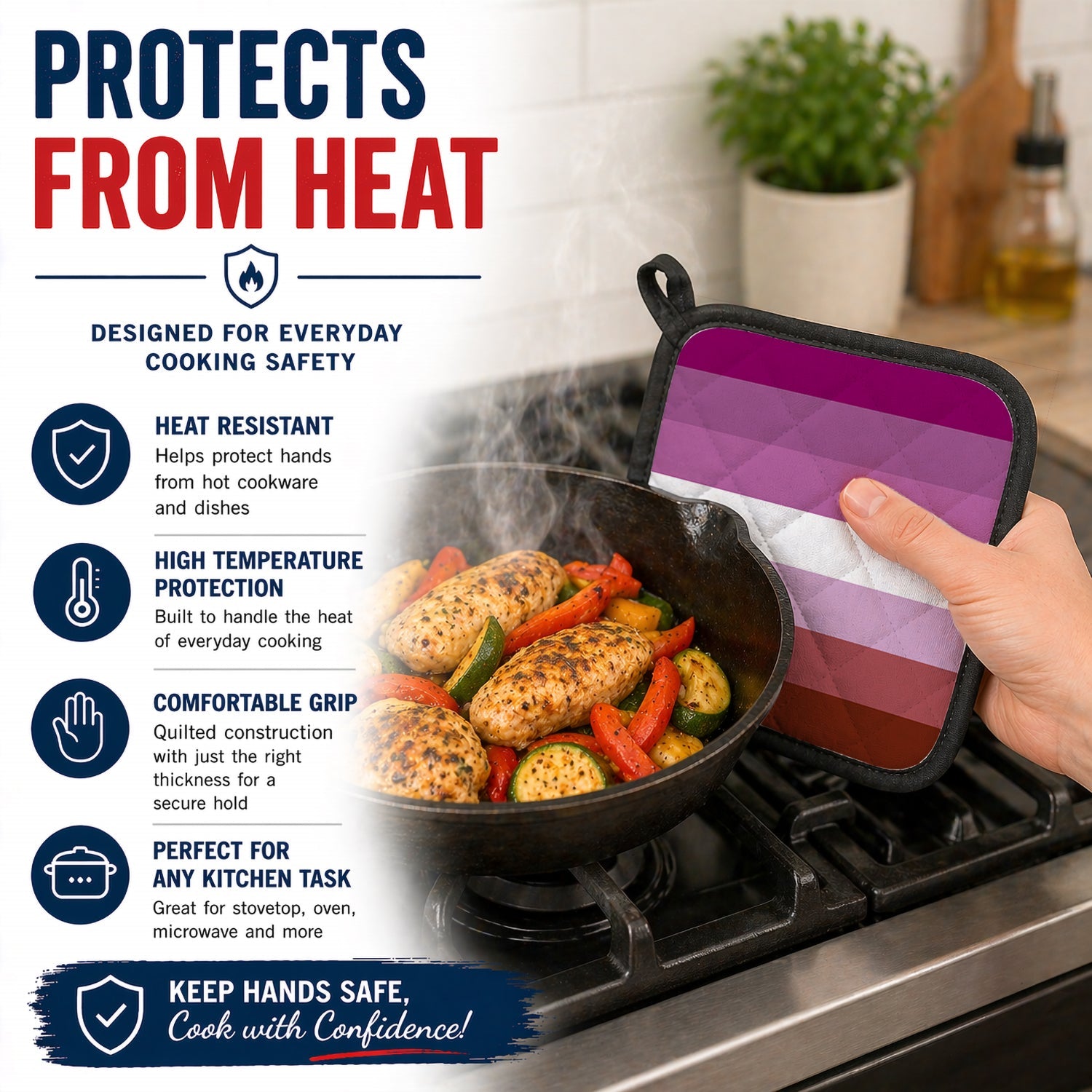 Lesbian Pride Pot Holder Set of 2 Heat Resistant Quilted Hot Pads 7.5 x 7.5 Inch, Insulated Kitchen Trivets for Cooking & Baking