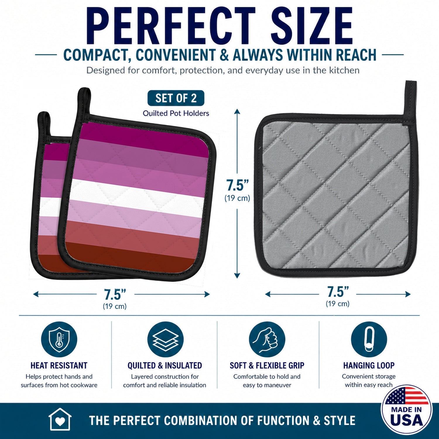 Lesbian Pride Pot Holder Set of 2 Heat Resistant Quilted Hot Pads 7.5 x 7.5 Inch, Insulated Kitchen Trivets for Cooking & Baking