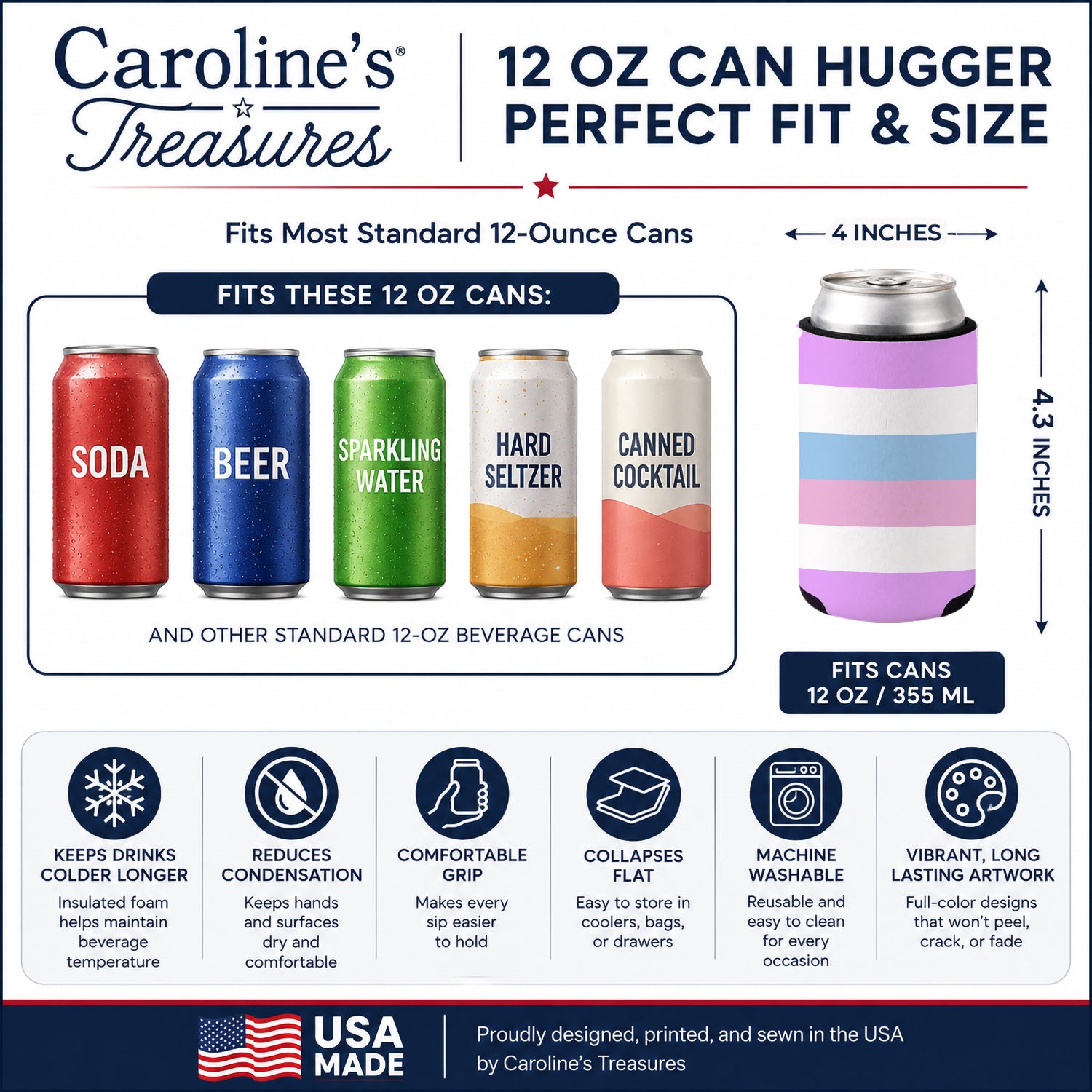 Bigender Pride Can or Bottle Hugger Cooler Sleeve for Standard 12 oz Cans, Insulated Foam Beer & Soda Can Hugger Reusable